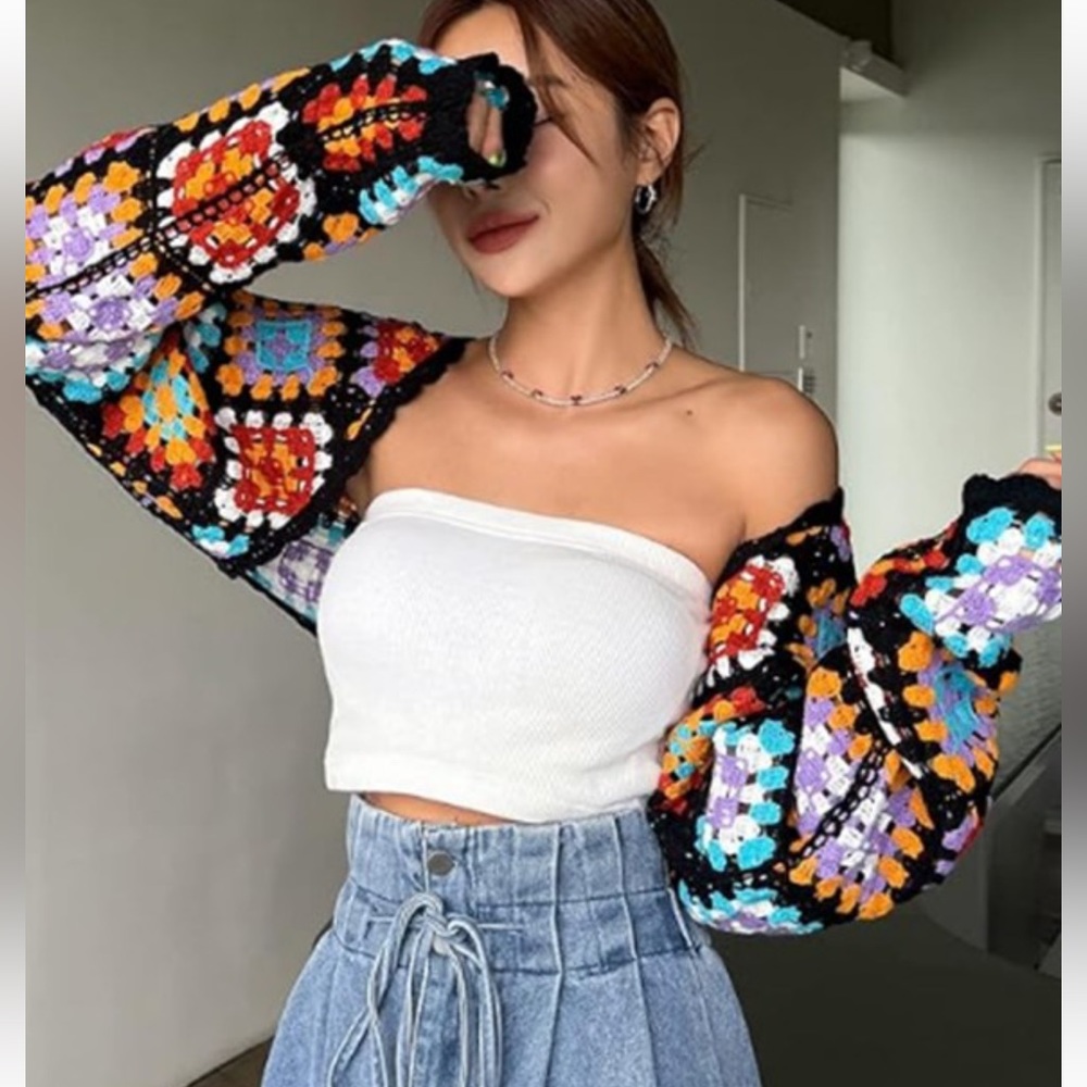 NEW Darling Boho Crochet Multi Color Crop Shrug Cardigan